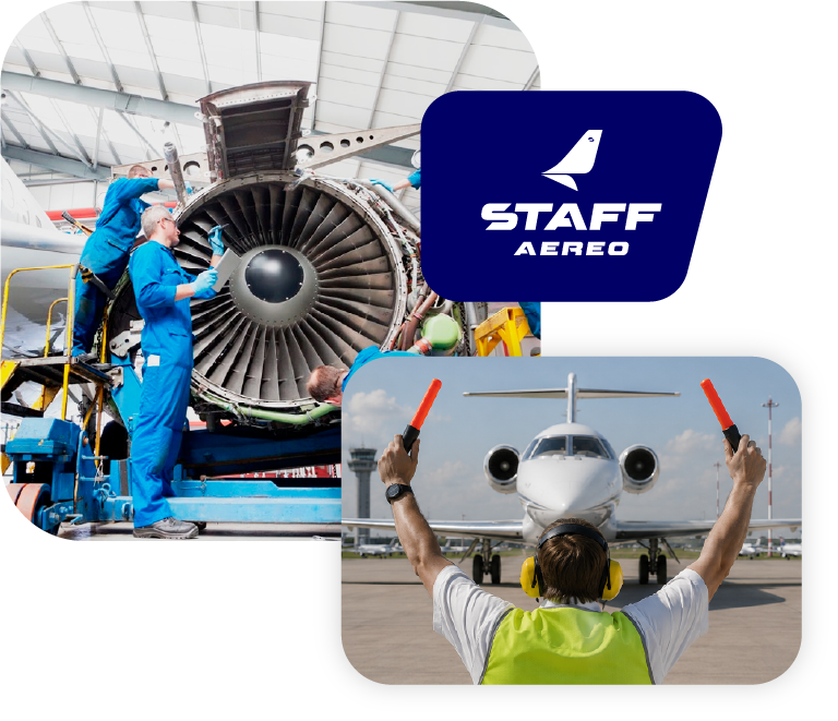 Técnicos en hangar y personal de rampa de Staff Aéreo en operación